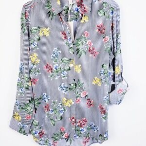 Como Vintage Blue Stripe Floral Button Down Blouse‎ Size Small NWT